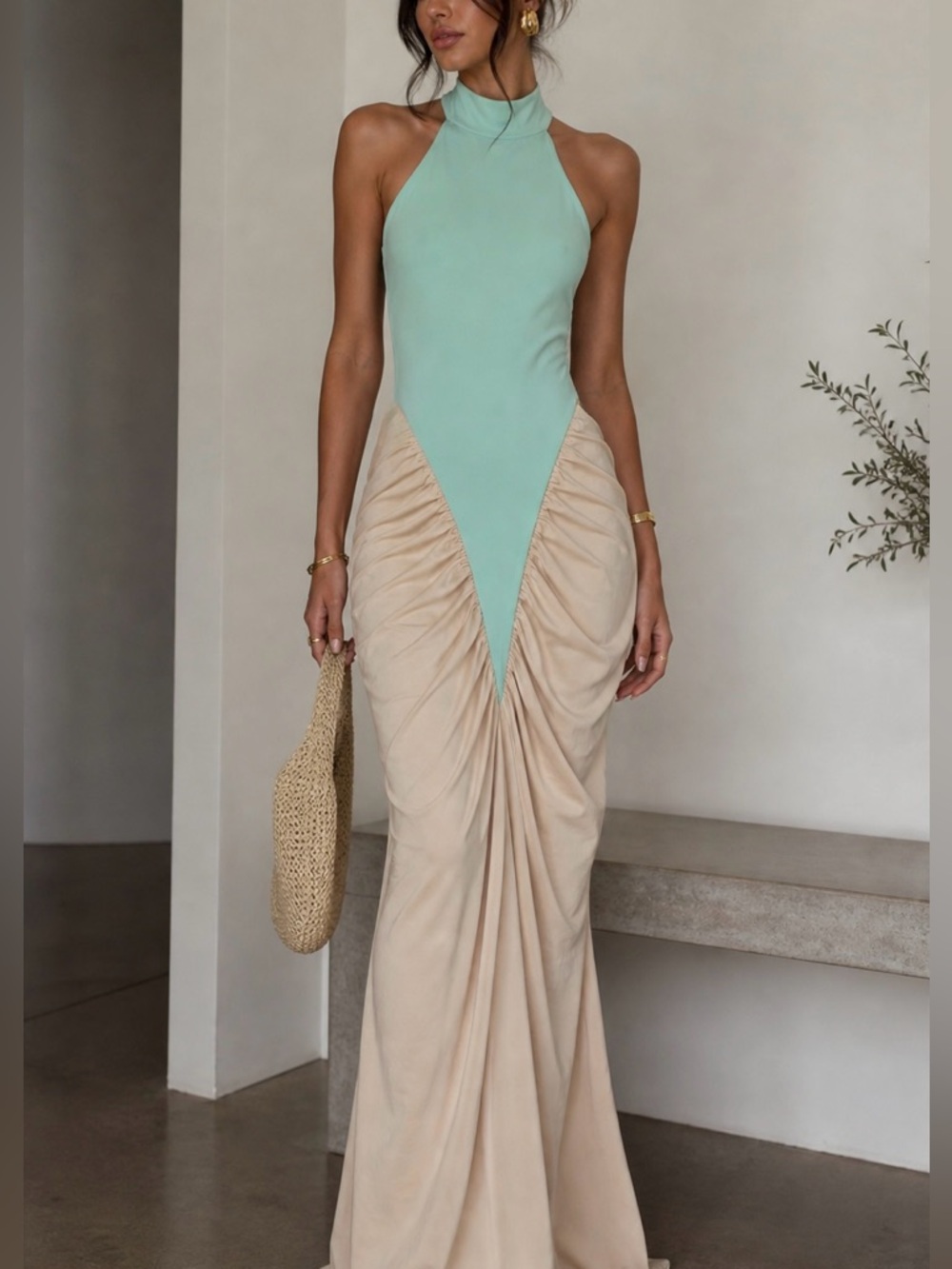 NWOT Sleeveless Mint & Cream Halter Ruched Maxi Dress